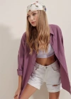 3900 Oversize Uzun Basic Gömlek  Koyu Lila