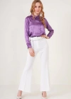 3964 Hafif Dökümlü Saten Gömlek  Mor