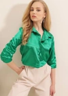 3964 Hafif Dökümlü Saten Gömlek  Yeşil
