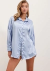 3985 Oversize Saten Gömlek  Mavi