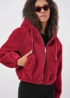 5193 Kapüşonlu Peluş Crop Ceket  Bordo
