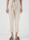 6660 Kemerli Keten Pantolon  Krem