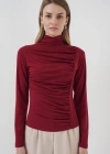 9 Büzgü Detaylı Dik Yaka Sandy Bluz  Bordo