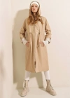 9091 Beli Büzgülü Kapşonlu Trençkot  Bej