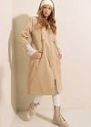 9091 Beli Büzgülü Kapşonlu Trençkot  Bej