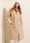 9091 Beli Büzgülü Kapşonlu Trençkot  Bej