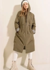 9091 Beli Büzgülü Kapşonlu Trençkot  Haki