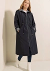 9091 Beli Büzgülü Kapşonlu Trençkot  Lacivert