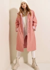 9091 Beli Büzgülü Kapşonlu Trençkot  Pembe