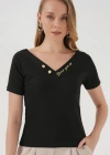 928 Kısa Kol V Yaka Bluz  Siyah
