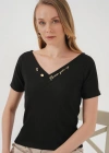 928 Kısa Kol V Yaka Bluz  Siyah