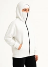 amuray Ninja Çift Kapşonlu ZIP Fermuarlı Kanguru Çepli Hoodie aske Detaylı wetshirt  Beyaz