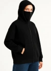 amuray Ninja Çift Kapşonlu ZIP Fermuarlı Kanguru Çepli Hoodie aske Detaylı wetshirt  iyah