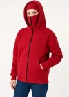 amuray Ninja Çift Kapşonlu ZIP Fermuarlı Kanguru Çepli Hoodie aske Detaylı wetshirt  Kırmızı