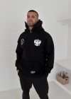 amuray Ninja Çift Kapşonlu ZIP Fermuarlı Kanguru Çepli Tam Fermuarlı Hoodie ön Ve Arka Baskılı aske Detaylı wetshirt  iyah