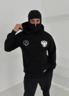 amuray Ninja Çift Kapşonlu ZIP Fermuarlı Kanguru Çepli Tam Fermuarlı Hoodie ön Ve Arka Baskılı aske Detaylı wetshirt  iyah