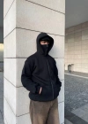 amuray Ninja Çift Kapşonlu ZIP Fermuarlı Kanguru Çepli Tam Fermuarlı Hoodie wetshirt  iyah