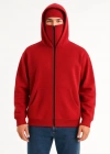 amuray Ninja Çift Kapşonlu ZIP Fermuarlı Kanguru Çepli Tam Fermuarlı Hoodie wetshirt  Kırmızı