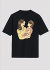 Anneler Günü Hediye Anne Kız Temalı Baskılı Oversize Bisiklet Yaka Tshirt  iyah