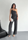 Asimetrik Crop Pantalon Ikili Takım  Füme