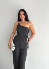 Asimetrik Crop Pantalon Ikili Takım  Füme
