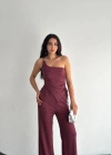 Asimetrik Crop Pantalon Ikili Takım  Gül Kurusu