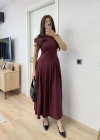 Asimetrik Düşük Yaka Kolsuz Uzun Elbise  Bordo