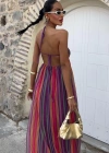 Askılı Pile Detaylı Renkli Maxi Elbise 2748