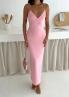 Askılı Uzun Elbise V Yaka Şık Gece Elbisesi Vücuda Oturan  Pembe
