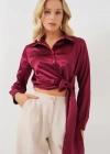 Bağlamalı Uzun Kol Saten Gömlek 20287  Bordo