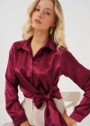 Bağlamalı Uzun Kol Saten Gömlek 20287  Bordo