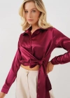 Bağlamalı Uzun Kol Saten Gömlek 20287  Bordo