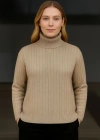 Balıkcı Yaka Bağazlı Triko Kazak Pamuklu Kalın Fitilli Dokuma  Bej