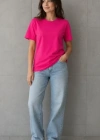 Basic Pamuklu Tişört Bisiklet Yaka Düz Renk Relaxed Fit Thirt  Fuşya