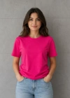 Basic Pamuklu Tişört Bisiklet Yaka Düz Renk Relaxed Fit Thirt  Fuşya