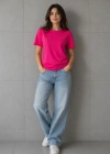 Basic Pamuklu Tişört Bisiklet Yaka Düz Renk Relaxed Fit Thirt  Fuşya
