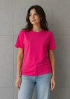 Basic Pamuklu Tişört Bisiklet Yaka Düz Renk Relaxed Fit Thirt  Fuşya