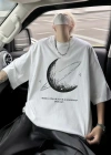 Baskılı Oversize Bisiklet Yaka Tshirt  Beyaz
