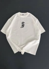 Baskılı Oversize Bisiklet Yaka Tshirt  Beyaz
