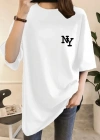 Baskılı Oversize Bisiklet Yaka Tshirt  Beyaz