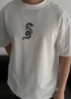 Baskılı Oversize Bisiklet Yaka Tshirt  Beyaz