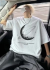 Baskılı Oversize Bisiklet Yaka Tshirt  Beyaz