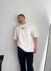 Baskılı Oversize Bisiklet Yaka Tshirt  Beyaz