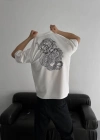 Baskılı Oversize Bisiklet Yaka Tshirt  Beyaz