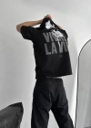 Baskılı Oversize Bisiklet Yaka Tshirt  iyah