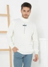 Baskılı Yarım Boğazlı Uzun Kol Dokuma Triko  Beyaz