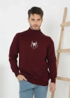 Baskılı Yarım Boğazlı Uzun Kol Dokuma Triko  Bordo