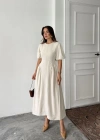 Bej Arkadan Bağlamalı Büzgülü Keten Elbise