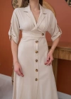 Bej Düğmeli Keten Elbise