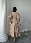 Bej Kat Kat Balon Kollu Kemerli Elbise